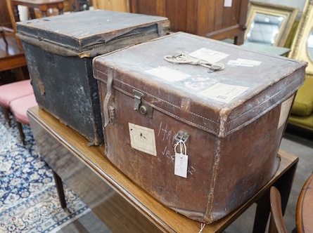 Two Victorian leather mounted trunks, larger 60cm, depth 49cm, height 47cm